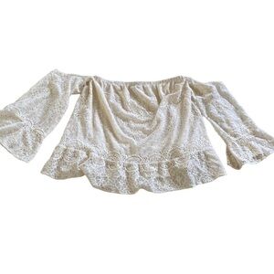 EXPRESS Cream Lace Crop Top w/Lining 3/4 Long Sleeve Size M Strapless